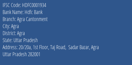 Hdfc Bank Agra Cantonment Branch Agra IFSC Code HDFC0001934