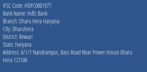 Hdfc Bank Dharu Hera Haryana Branch Rewari IFSC Code HDFC0001977