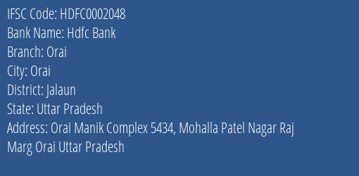 Hdfc Bank Orai Branch Jalaun IFSC Code HDFC0002048