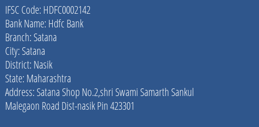 Hdfc Bank Satana Branch Nasik IFSC Code HDFC0002142