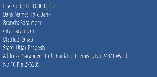 Hdfc Bank Saraimeer Branch, Branch Code 002153 & IFSC Code Hdfc0002153
