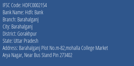 Hdfc Bank Barahalganj Branch, Branch Code 002154 & IFSC Code Hdfc0002154