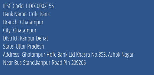 Hdfc Bank Ghatampur Branch Kanpur Dehat IFSC Code HDFC0002155