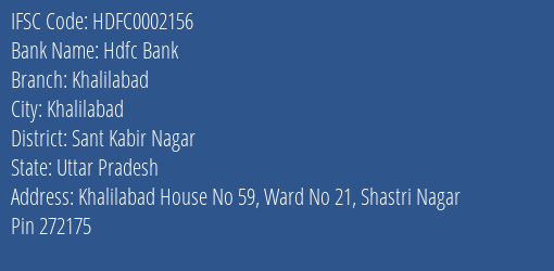 Hdfc Bank Khalilabad Branch Sant Kabir Nagar IFSC Code HDFC0002156