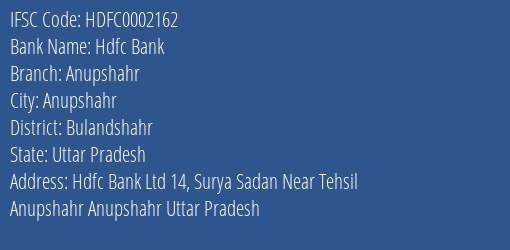 Hdfc Bank Anupshahr Branch Bulandshahr IFSC Code HDFC0002162
