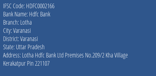 Hdfc Bank Lotha Branch Varanasi IFSC Code HDFC0002166