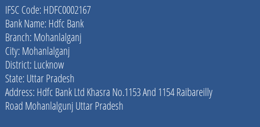 Hdfc Bank Mohanlalganj Branch Lucknow IFSC Code HDFC0002167