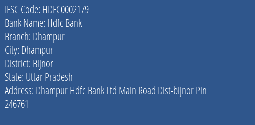 Hdfc Bank Dhampur Branch, Branch Code 002179 & IFSC Code Hdfc0002179