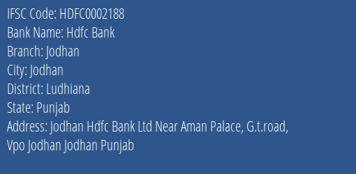 Hdfc Bank Jodhan Branch Ludhiana IFSC Code HDFC0002188