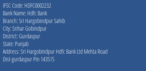 Hdfc Bank Sri Hargobindpur Sahib Branch Gurdaspur IFSC Code HDFC0002232