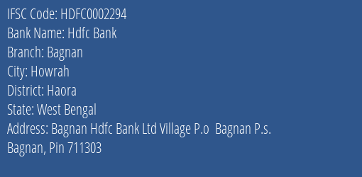Hdfc Bank Bagnan Branch Haora IFSC Code HDFC0002294