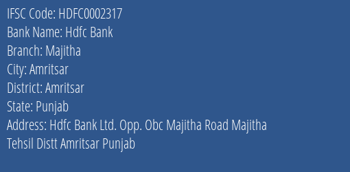Hdfc Bank Majitha Branch Amritsar IFSC Code HDFC0002317