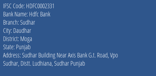 Hdfc Bank Sudhar Branch Moga IFSC Code HDFC0002331