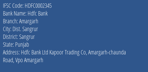 Hdfc Bank Amargarh Branch Sangrur IFSC Code HDFC0002345