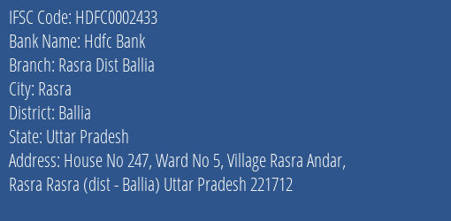 Hdfc Bank Rasra Dist Ballia Branch Ballia IFSC Code HDFC0002433