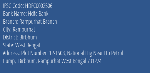 Hdfc Bank Rampurhat Branch Branch, Branch Code 002506 & IFSC Code HDFC0002506