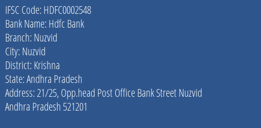 Hdfc Bank Nuzvid Branch Krishna IFSC Code HDFC0002548