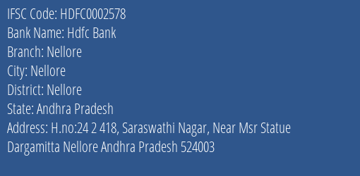 Hdfc Bank Nellore Branch, Branch Code 002578 & IFSC Code HDFC0002578