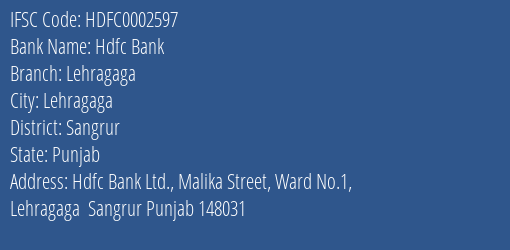 Hdfc Bank Lehragaga Branch Sangrur IFSC Code HDFC0002597