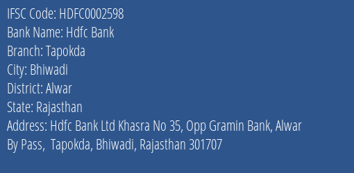 Hdfc Bank Tapokda Branch Alwar IFSC Code HDFC0002598