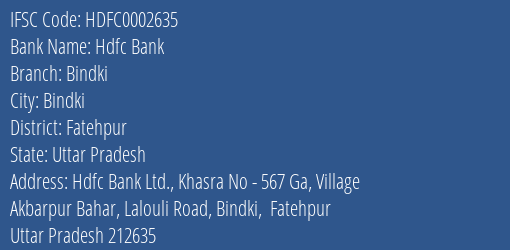 Hdfc Bank Bindki Branch Fatehpur IFSC Code HDFC0002635