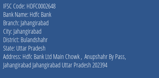 Hdfc Bank Jahangirabad Branch Bulandshahr IFSC Code HDFC0002648