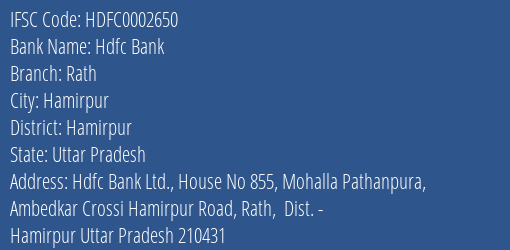 Hdfc Bank Rath Branch Hamirpur IFSC Code HDFC0002650