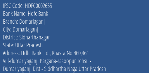 Hdfc Bank Domariaganj Branch Sidharthanagar IFSC Code HDFC0002655