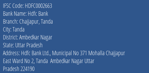 Hdfc Bank Chajjapur Tanda Branch Ambedkar Nagar IFSC Code HDFC0002663