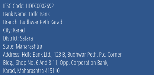 Hdfc Bank Budhwar Peth Karad Branch Satara IFSC Code HDFC0002692