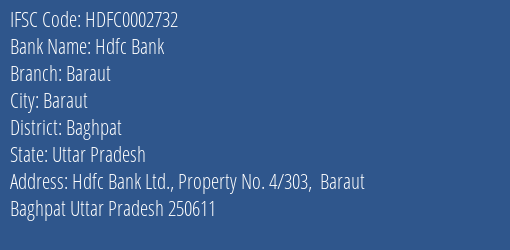 Hdfc Bank Baraut Branch Baghpat IFSC Code HDFC0002732