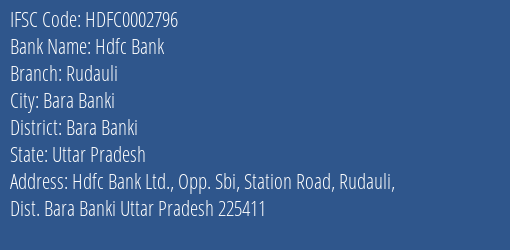 Hdfc Bank Rudauli Branch Bara Banki IFSC Code HDFC0002796