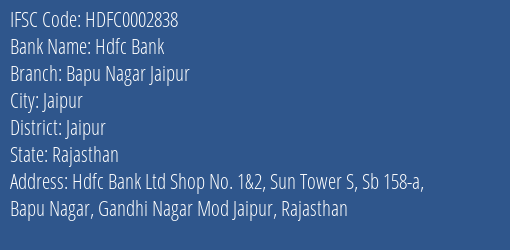 Hdfc Bank Bapu Nagar Jaipur Branch Jaipur IFSC Code HDFC0002838