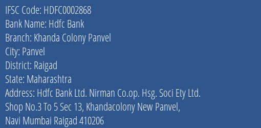 Hdfc Bank Khanda Colony Panvel Branch, Branch Code 002868 & IFSC Code HDFC0002868
