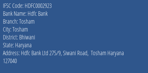Hdfc Bank Tosham Branch, Branch Code 002923 & IFSC Code HDFC0002923