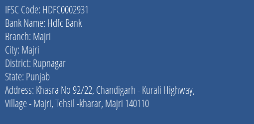Hdfc Bank Majri Branch Rupnagar IFSC Code HDFC0002931