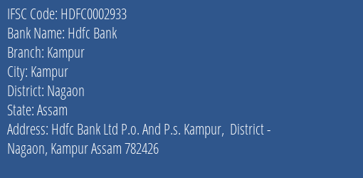 Hdfc Bank Kampur Branch Nagaon IFSC Code HDFC0002933