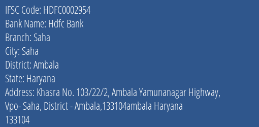 Hdfc Bank Saha Branch Ambala IFSC Code HDFC0002954