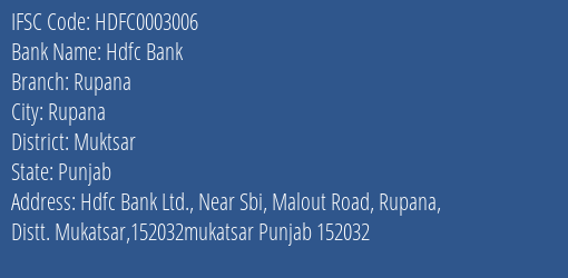 Hdfc Bank Rupana Branch Muktsar IFSC Code HDFC0003006