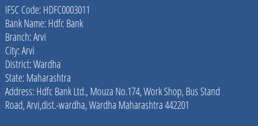 Hdfc Bank Arvi Branch Wardha IFSC Code HDFC0003011