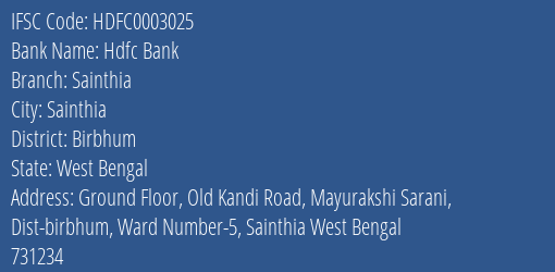 Hdfc Bank Sainthia Branch Birbhum IFSC Code HDFC0003025