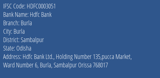 Hdfc Bank Burla Branch Sambalpur IFSC Code HDFC0003051