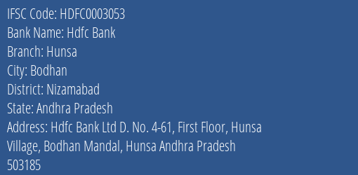 Hdfc Bank Hunsa Branch Nizamabad IFSC Code HDFC0003053