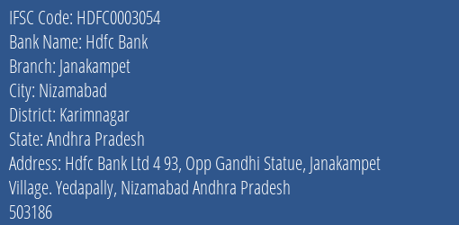 Hdfc Bank Janakampet Branch, Branch Code 003054 & IFSC Code HDFC0003054