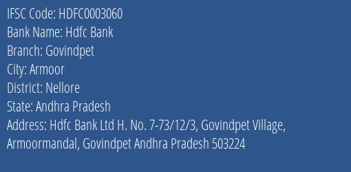 Hdfc Bank Govindpet Branch, Branch Code 003060 & IFSC Code HDFC0003060