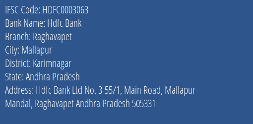Hdfc Bank Raghavapet Branch, Branch Code 003063 & IFSC Code HDFC0003063