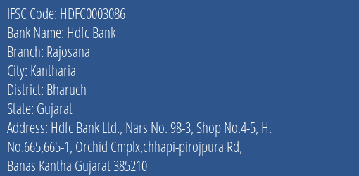 Hdfc Bank Rajosana Branch, Branch Code 003086 & IFSC Code HDFC0003086