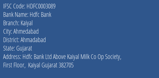 Hdfc Bank Kaiyal Branch Ahmadabad IFSC Code HDFC0003089