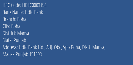 Hdfc Bank Boha Branch Mansa IFSC Code HDFC0003154