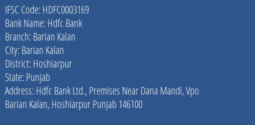 Hdfc Bank Barian Kalan Branch Hoshiarpur IFSC Code HDFC0003169